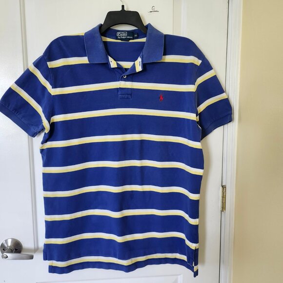Ralph Lauren Golf Shirt Men Sz XL Yellow blue Striped Stretch Cotton Pony Logo - Picture 9 of 10